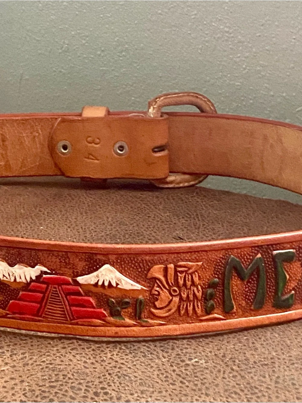 Hand Tooled Brown Leather Belt with Multicolor 'MEXICO', Cacti, Aztec Pyramids